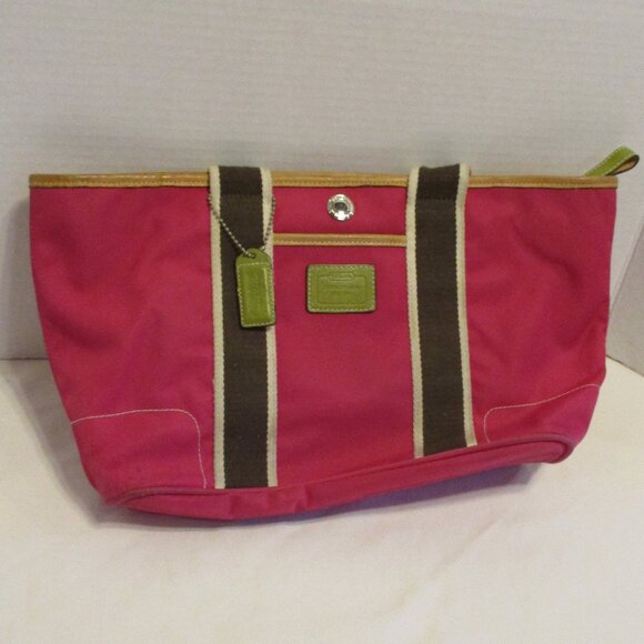 Coach Woman Large Pink Black Yellow Top Zip Pockets Shoulder Purse Bag - Picture 1 of 11